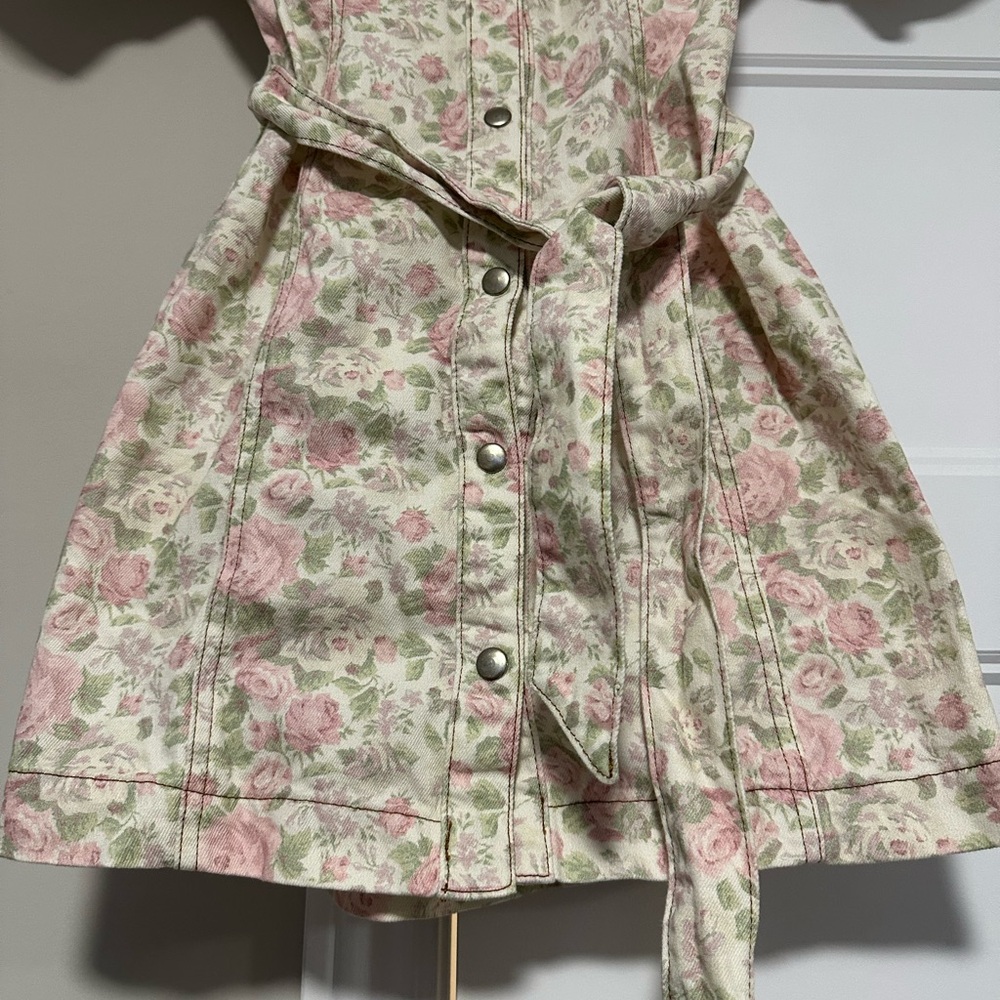 Reclaimed Vintage inspired mini denim belted dress in wallpaper floral print